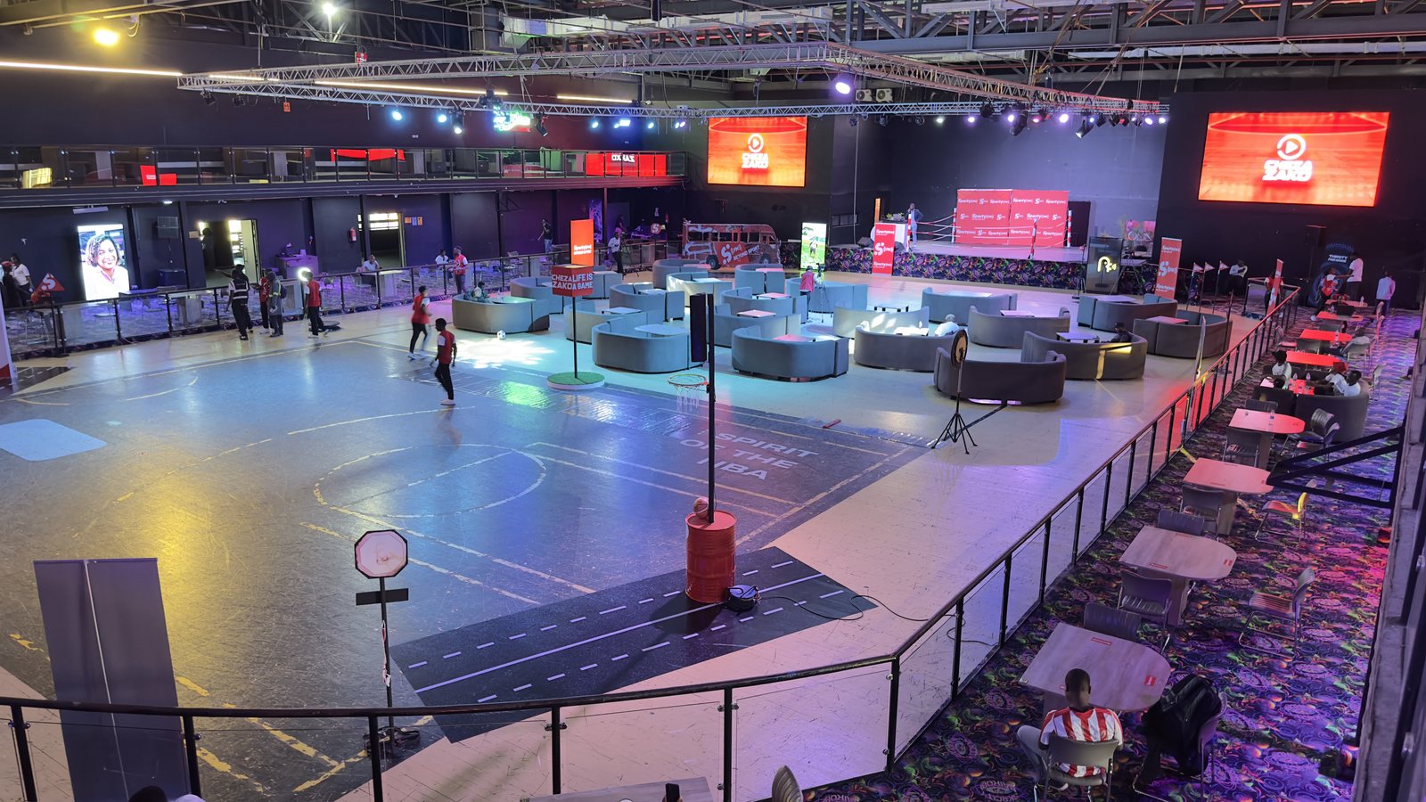 Rigging and screens above the SportyBet brand arena built by Red Giant