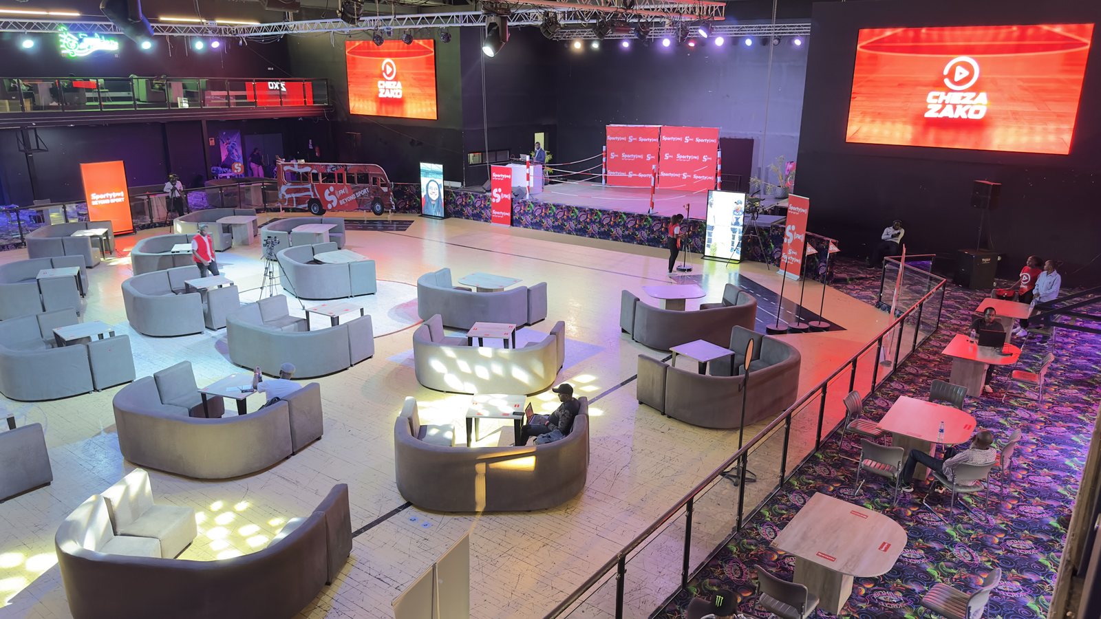 Seating and screens inside the SportyBet brand arena built by Red Giant